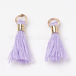 Polycotton(Polyester Cotton) Tassel Pendant Decorations, Mini Tassel, with Brass Findings, Light Gold, Lilac, 10~15x3~4mm, Hole: 2mm