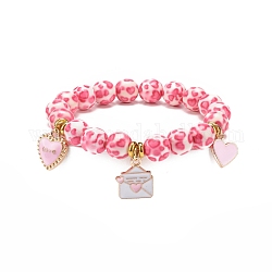 Elastisches Armband mit runden Perlen aus Kunstharz, wort liebe herz umschlag legierung emaille charme armband für valentinstag, neon rosa , Innendurchmesser: 2 Zoll (5 cm)