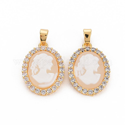 Brass Lilac Cubic Zirconia Pendants, with Cameo Resin, Nickel Free, Oval, PeachPuff, 20x14x4mm, Hole: 4x2.5mm