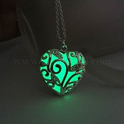 Подвеска в виде клетки сердца из сплава с синтетическим люминесцентным камнем, светящиеся в темноте украшения для женщин, серебряные, светло-зеленый, 20.28 дюйм (51.5 см)