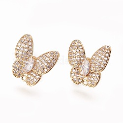 Brass Ear Stud Components, with Cubic Zirconia and Loop, Clear, Butterfly, Real 18K Gold Plated, 15.5x15.5mm, Hole: 1mm, Pin: 0.9mm