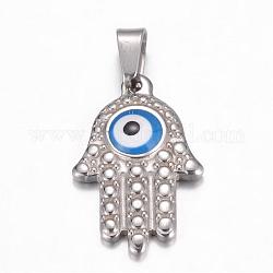 304 Stainless Steel Enamel Pendants, Hamsa Hand/Hand of Fatima/Hand of Miriam with Evil Eye, Stainless Steel Color, 25x16x4mm, Hole: 7x4mm