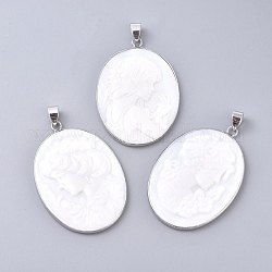 Natural White Shell Pendants, with Platinum Tone Brass Open Back Settings, Oval Carved with Girl, 44x30.5x3mm, Hole: 4x5.5mm