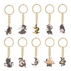 Porte-clés pendentif émail alliage thème halloween, avec porte-clés fendus, corbeau & chat & serpent avec fleur & lune, couleur mixte, 7.5~8.3 cm, 10 pièces / kit