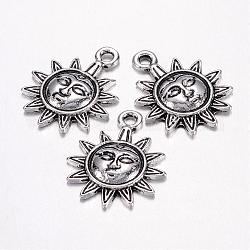 Tibetan Style Sun Carved Smile Face Pendants, Lead Free & Cadmium Free, Antique Silver, about 17mm wide, 20.5mm high, 3mm thick, hole:2mm