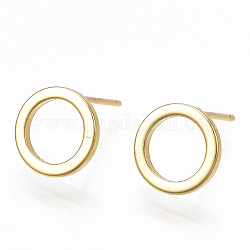 Brass Stud Earrings, Ring, Real 18K Gold Plated, 10mm, Pin: 0.7mm