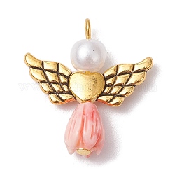 Pendenti di perle imitazione resina, Ciondoli di angelo rosa con ali di cuore in lega placcata oro antico, rosa nebbiosa, 23.5~24x22x6.5mm, Foro: 1.8~2.2 mm
