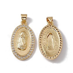 Brass Micro Pave Clear Cubic Zirconia Pendants, Cadmium Free & Nickel Free & Lead Free, Rack Plating, Oval with Virgin Pattern, Real 18K Gold Plated, 27.5x15.5x4mm, Hole: 3x5mm