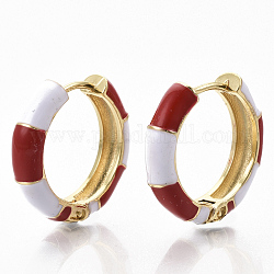 Brass Huggie Hoop Earrings, with Two Tone Enamel, Real 18K Gold Plated, Bamboo Shape, FireBrick, 23x24x6mm, Pin: 1x1.5mm