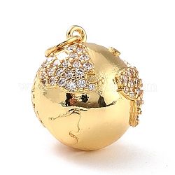 Ottone micro spianare pendenti zirconi, 3d ciondoli a sfera globo, con anello di salto, terra, oro, 16x14.5x14mm, Foro: 3.5 mm, anello di salto: 5x1 mm