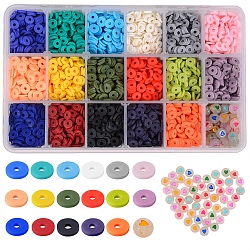 173.4g 17 Colors Handmade Polymer Clay Beads, Heishi Beads, with 30Pcs Brass Flat Round Spacer Beads, 30Pcs Brass Round Beads, 50Pcs Flat Round with Heart Acrylic Beads, Mixed Color, Polymer Clay Beads: 6x1mm, Hole: 2mm, about 239pcs/10.2g, about 10.2g/color