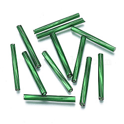 Opaque Glass Twisted Bugle Beads, Round Hole, Green Plated, 25~26x2.5mm, Hole: 1mm, about 1500pcs/bag