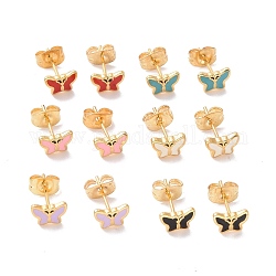 Enamel Butterfly Stud Earrings with 316L Surgical Stainless Steel Pins, Gold Plated 304 Stainless Steel Jewelry for Women, Mixed Color, 7.5x5.5mm, Pin: 0.7mm