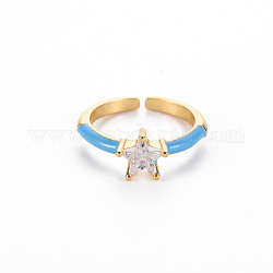 Anillos de brazalete de latón esmaltado, anillos abiertos, anillos de solitario, con un claro zirconia cúbico, sin níquel, estrella, dorado, azul dodger, nosotros tamaño 7 (17.3 mm)