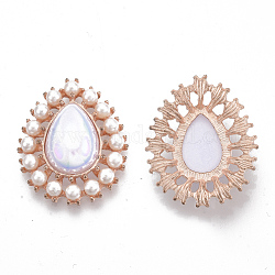 Alloy Flat Back Cabochons, with ABS Plastic Imitation Pearl Beads, AB Color Plated, Rose Gold, Teardrop, Creamy White, 32x26x8~9mm