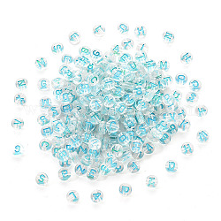Perle acriliche trasparenti trasparenti, foro orizzontale, tondo piatto con lettera casuale, cielo blu, 7x4mm, Foro: 1.6 mm, 200 pc / set