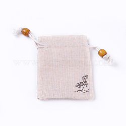 Sacchetti di imballaggio tela, borse coulisse, con perline in legno, bianco antico, 10~10.1x8.2~8.3cm