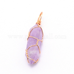 Natural Amethyst Pendants, with Golden Steel Wire, Hexagon Prism, 43x11x11mm, Hole: 5mm