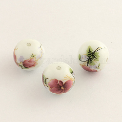 Flower Picture Glass Beads, Round, Flamingo, 10x9mm, Hole: 1.5mm