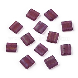 2-hole perline di vetro, colori trasparenti, smerigliato, rettangolo, rosso viola medio, 5x4.5~5.5x2~2.5mm, Foro: 0.5~0.8 mm