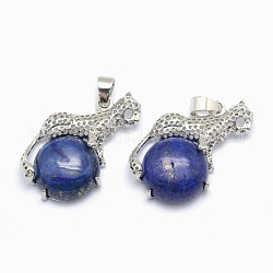 Lapis lazuli naturale ciondoli, con accessori in lega, leopardo, tinto, platino, 33.5x20x7mm, Foro: 4x6 mm