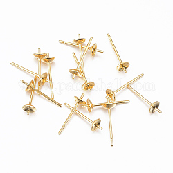 Supports accessoires de puces d'oreilles en 304 acier inoxydable pour perle demi percée, véritable 24k plaqué or, 13.5x4mm, Plateau: 3.5 mm, pin: 0.8 mm