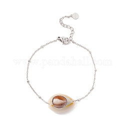 Bracelet à maillons cauris naturels avec chaîne satellite pour femme, couleur inoxydable, couleur de coquillage, 6-1/2 pouce (16.4 cm)