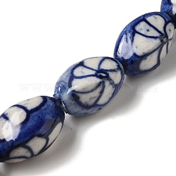 Perline porcellana fatto a mano, ovale con fiore, blu notte, 18~19x12~13.5mm, Foro: 1.6 mm