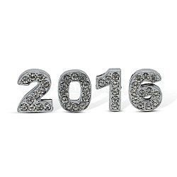 Sets of 2016 Year Date Charms Platinum Alloy Rhinestone Number Slide Charms, Fit Bracelets of Women Belt, Crystal, 14~15x9~12x5mm, Hole: 2x11mm