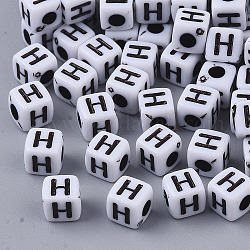 Weiße undurchsichtige Acrylperlen, horizontales Loch, Würfel mit schwarzem Alphabet, letter.h, 4~5x4~5x4~5 mm, Bohrung: 1.8 mm, ca. 240 Stk. / 20 g