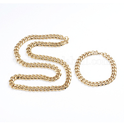 Unisex 304 Stainless Steel Curb Chain Bracelet & Necklace Jewelry Sets, with Lobster Claw Clasps, Golden, 7-7/8 inch(20cm), 23.62 inch(60cm)
