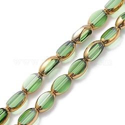 FilI di perline in vetro placcato, placcatura in oro, ovale, verde, 7x4x3mm, Foro: 1 mm, circa 50pcs/filo, 13.31'' (33.8 cm)
