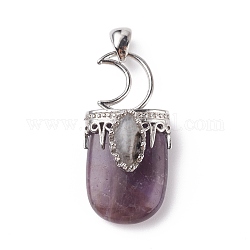 Natural Amethyst Pendants, with Brass Findings, Oval, Platinum, 44~46x20~21x16~17mm, Hole: 5x7mm