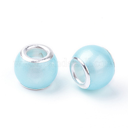 Perline europee in vetro imitazione perla in vetro, perline con foro grande, rondelle, con anime in ottone placcato color argento, cielo azzurro, 11.5~12x9~10mm, Foro: 5 mm