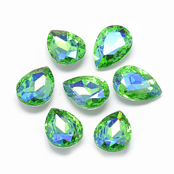 Cabujones de cristal con rhinestone, espalda plateada, facetados, color de ab chapado, lágrima, verde claro, 18x13x5.5mm