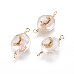 Natürliche Perlenverbinder, mit Zirkonia und Messing Zubehör, flach rund mit Mond, golden, Farbig, 19~23x10~12x6~9 mm, Bohrung: 1.6 mm