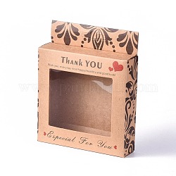 Boîtes de papier kraft, boîtes d'emballage de fenêtre claire, rectangle avec mot merci, burlywood, boîte: 10x10 cm, déplier: 19.4x12.5x0.08cm