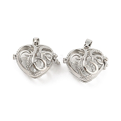 Rack Plating Brass Cage Pendants, Heart Cage Charms, Long-Lasting Plated, Cadmium Free & Lead Free, Platinum, 24.5x28x16mm, Hole: 8x4.5mm, Inner Measure: 19x21.5mm