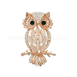 Alloy Rhinestone Brooches, with Cat Eye, Moon with Owl Brooches for Women, Golden, 57x32mm