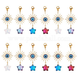 ARRICRAFT 15Pcs Electroplate Glass Star Pendant Decorations, with Brass Solar Eclipse Links and Resin Evil Eye Cabochons, Mixed Color, 52mm
