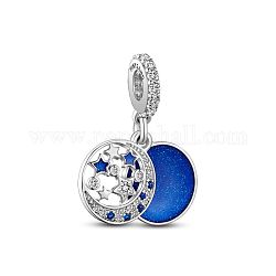 Tinysand rhodié 925 breloque pendante européenne en argent sterling, avec l'émail, Plat rond avec lune et étoile, platine, bleu, 25.64x12.5x4.68mm, Trou: 4.5mm