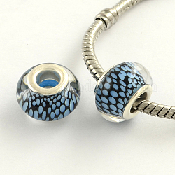 Large Hole Acrylic European Beads, with Platinum Tone Brass Double Cores, Rondelle, Sky Blue, 14x9mm, Hole: 5mm