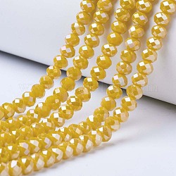 Electroplate Glass Beads Strands, Opaque Solid Color, AB Color Plated, Faceted, Rondelle, Yellow, 4x3mm, Hole: 0.4mm, about 123~127pcs/strand, 16.5~16.9 inch(42~43cm)