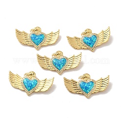 Rack Plating Brass Micro Pave Cubic Zirconia with Synthetic Opal Pendants, with Jump Ring, Lead Free & Cadmium Free, Long-Lasting Plated, Heart with Wings, Real 18K Gold Plated, 17x31.5x3mm, Hole: 3mm
