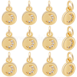 Beebeecraft 20Pcs Brass Micro Pave Clear Cubic Zirconia Charm, Long-Lasting Plated, Flat Round with Moon Charm, Real 18K Gold Plated, 9x7x2mm, Hole: 3.4mm