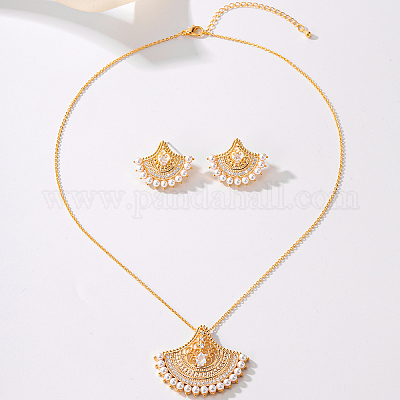 Комплекты из латунных подвесок-вееров и серег-гвоздиков с микропаве из прозрачных кубических цирконий для женщин SJ9834-1