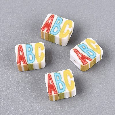 手作り樹脂粘土ビーズ 直方体と文字abc ミックスカラー 8.5~9x7x4~5mm