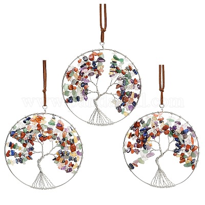 Подвесные украшения из латуни и натуральных драгоценных камней чакры HJEW-Z007-03P-1