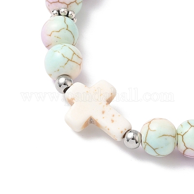 Браслеты из синтетических бирюзовых бусин круглой и крестообразной формы с запекаемой краской для мужчин и женщин BJEW-JB12339-02-1
