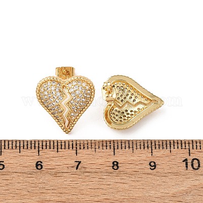 Серьги-гвоздики с разбитым сердцем из латуни с микропаве из кубических цирконий EJEW-B153-19G-04-1
